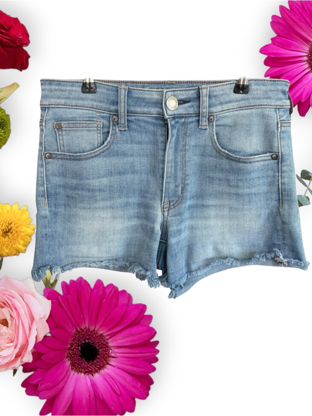 American Eagle Outfitters Hi-Rise Shortie Light Blue Frayed-Hem Denim Shorts